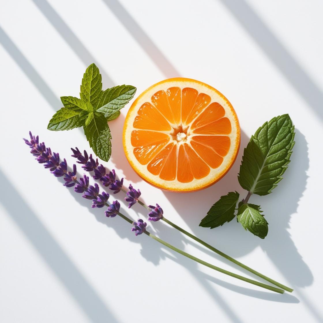 Mandarin, mint and lavender representing the olfactory notes of the perfume.