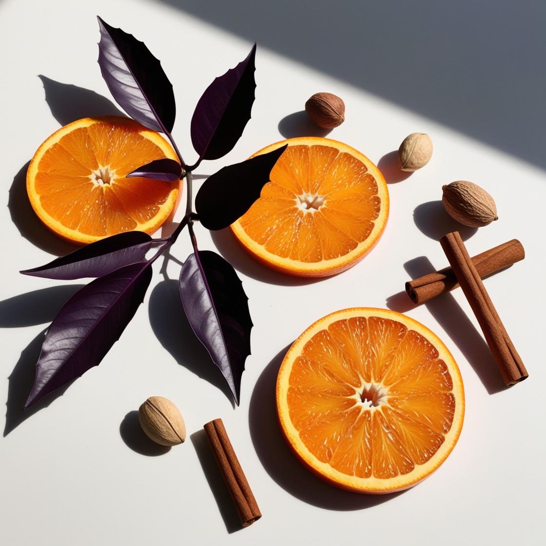 Orange and cinnamon representing the olfactory notes of the perfume.