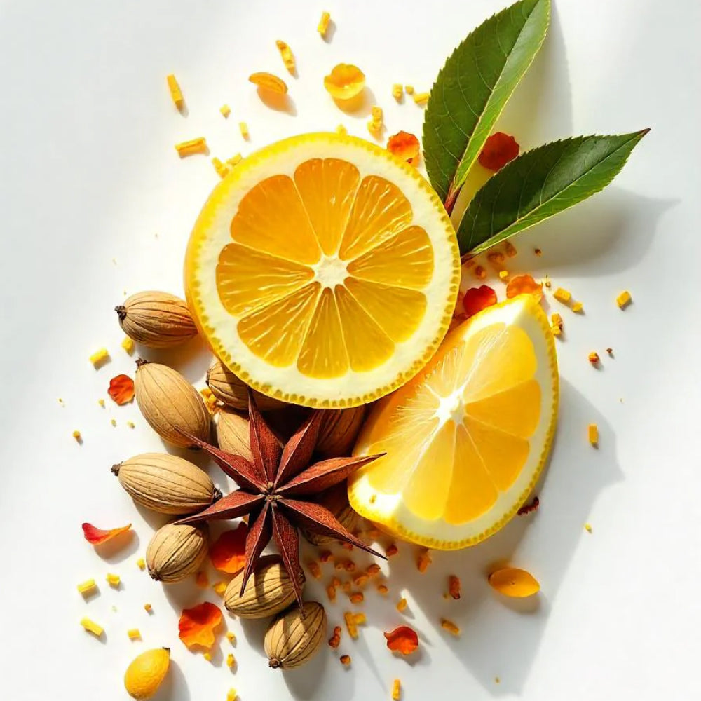 Lemon, cardamom and tea leaves representing the olfactory notes of the perfume.