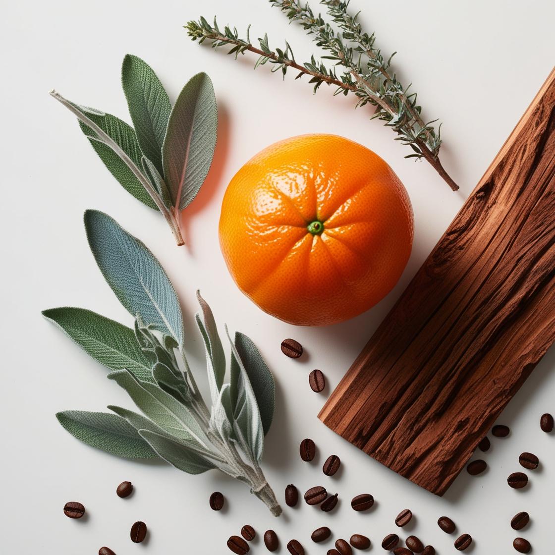 Mandarin, wood and coffee beans representing the olfactory notes of the perfume.