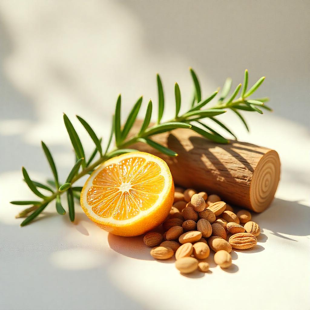 Mandarin, rosemary, wood and bergamot representing the olfactory notes of the perfume.