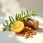 Mandarin, rosemary, wood and bergamot representing the olfactory notes of the perfume.