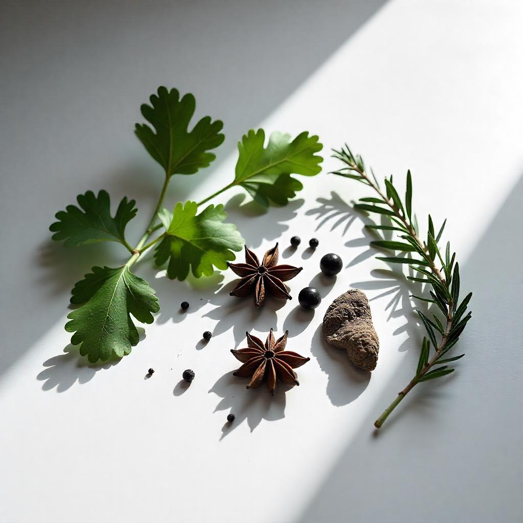 Thyme, sage and black pepper representing the olfactory notes of the perfume.