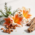 Perfume scent notes with orange lilies, almond seeds, rosemary branches and wood