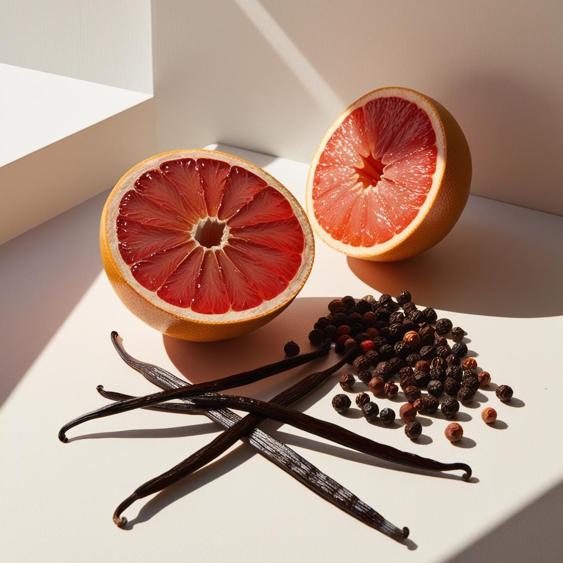Grapefruit, sandalwood and black pepper representing the olfactory notes of the perfume.