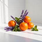 Orange, lavender and mint representing the olfactory notes of the perfume.