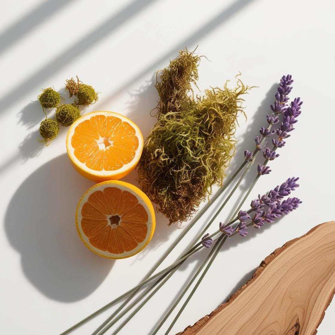 Moss, grapefruit, wood and lavender representing the olfactory notes of the perfume.