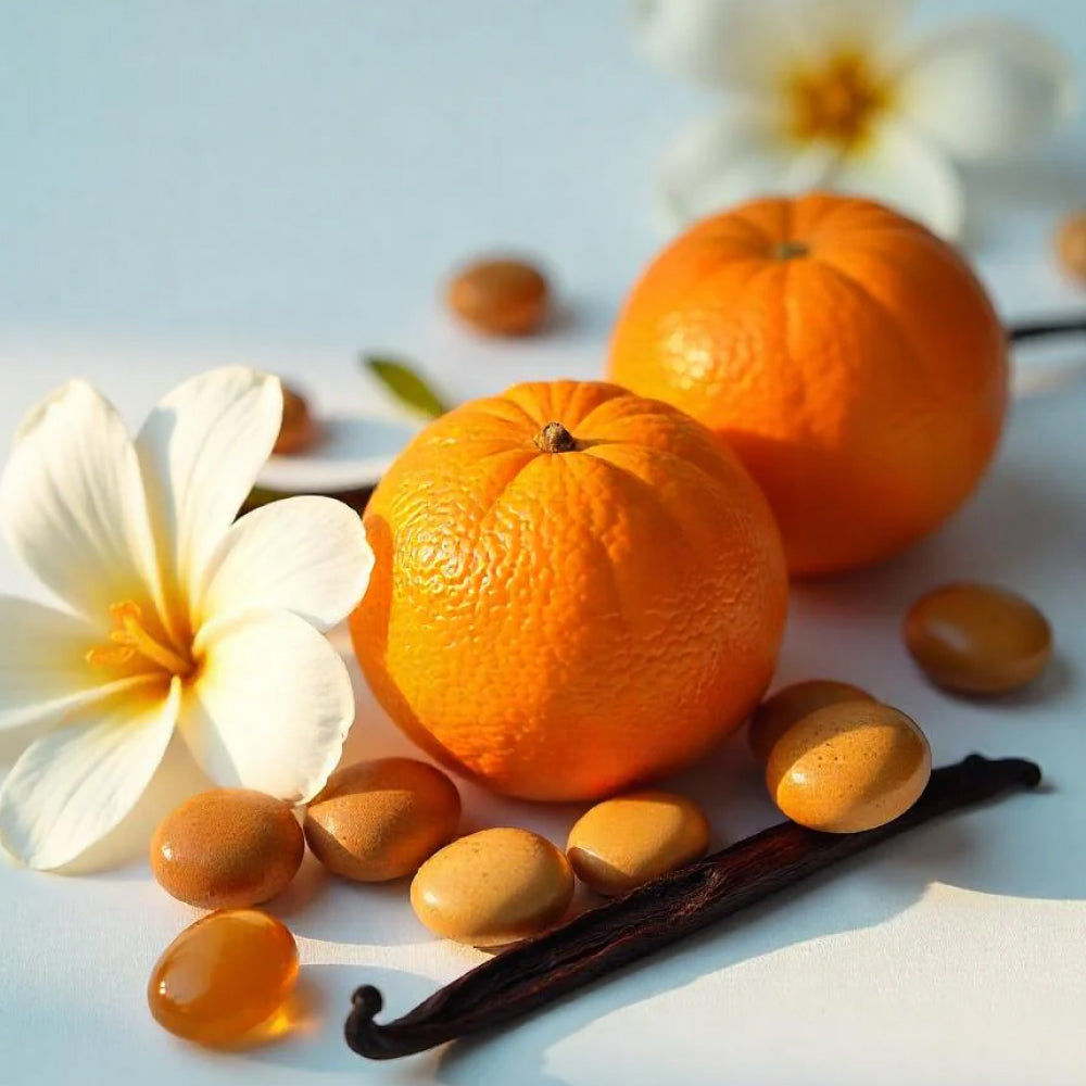 Mandarin, jasmine, amber and vanilla representing the olfactory notes of the perfume.
