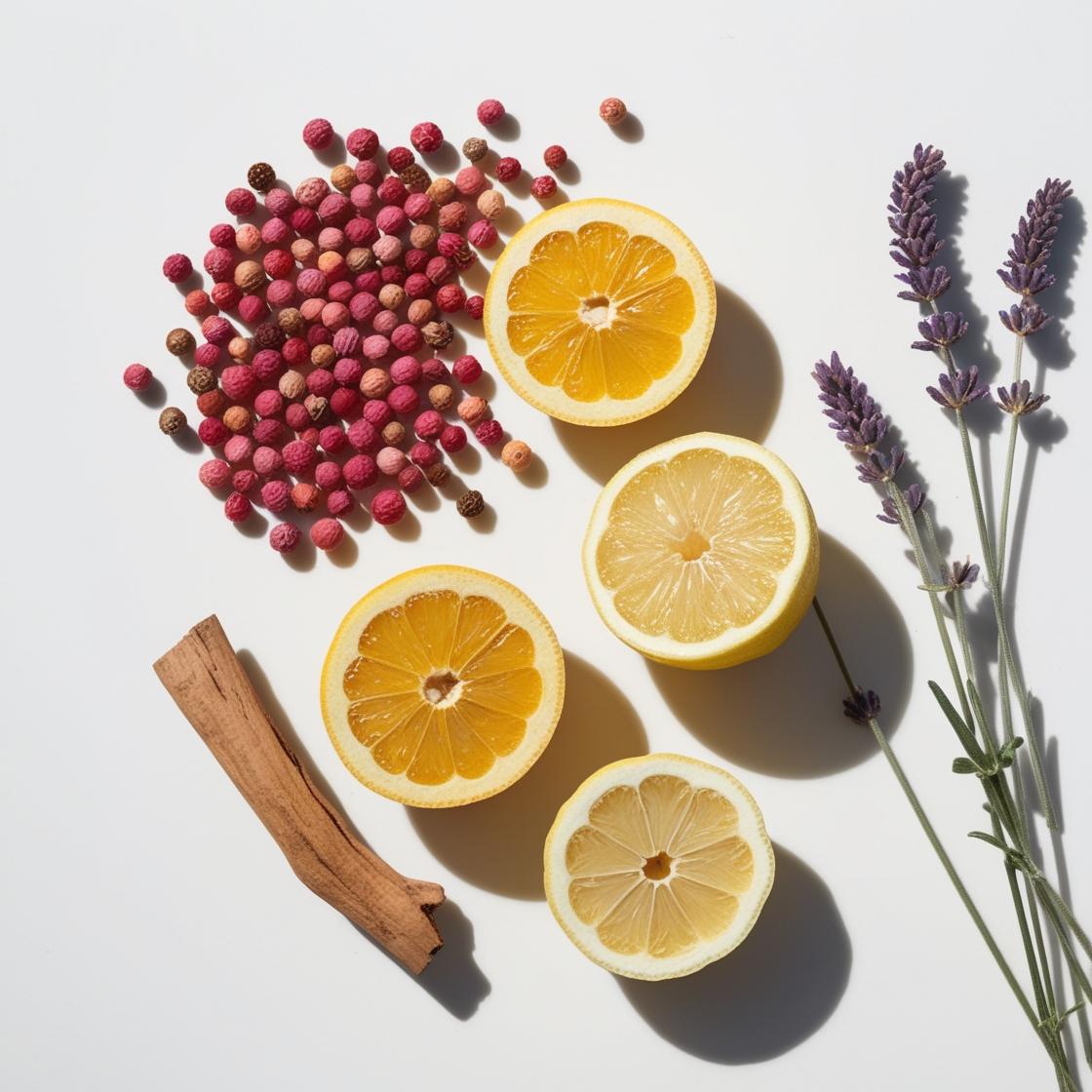 Lemon, lavender and pink pepper representing the olfactory notes of the perfume.