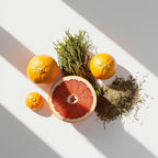 Grapefruit, sage and moss representing the olfactory notes of the perfume.