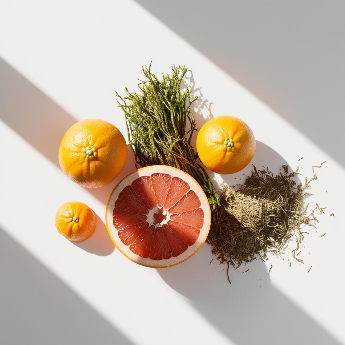 Grapefruit, sage and moss representing the olfactory notes of the perfume.