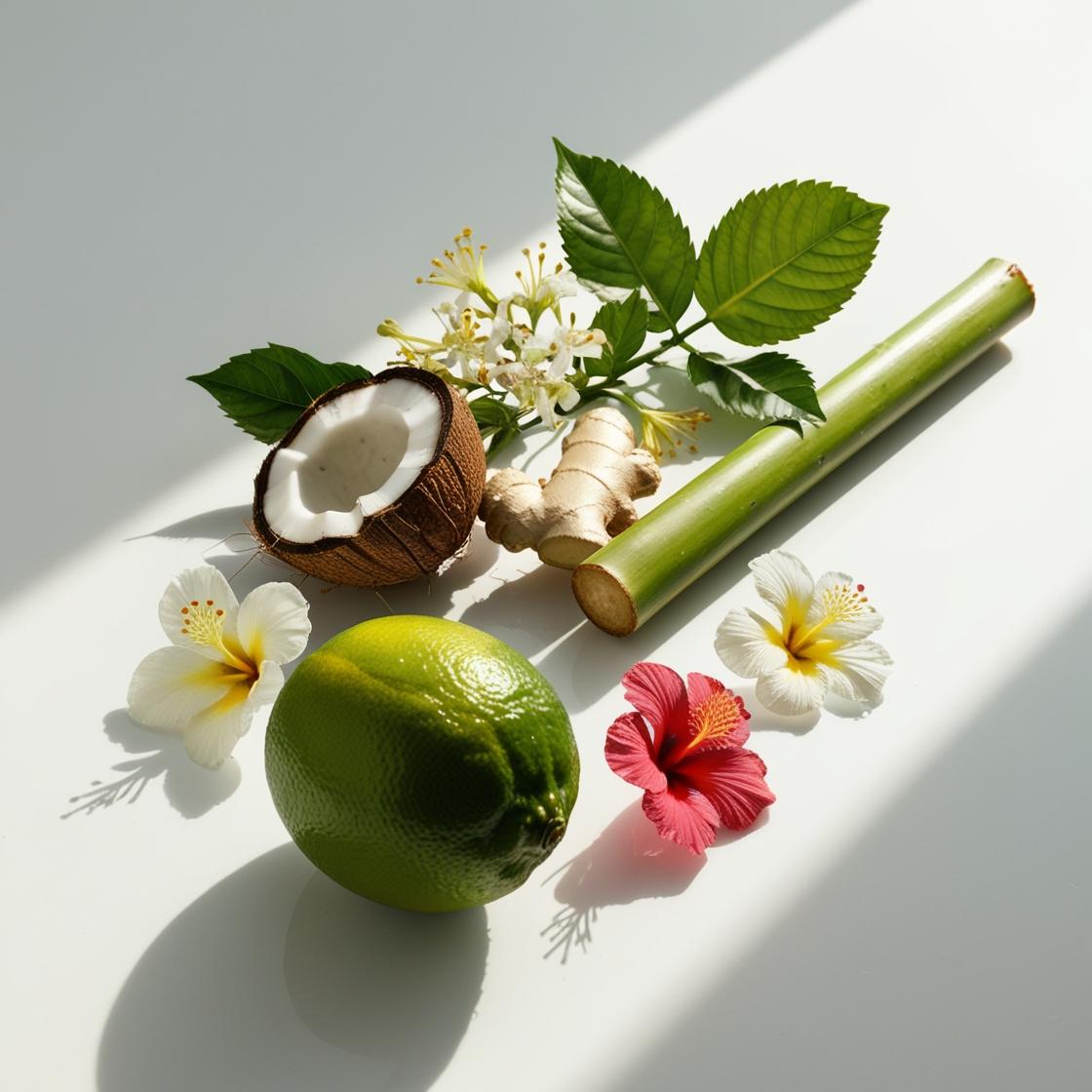 Lime, coconut, jasmine, ginger and sugar cane representing the olfactory notes of the perfume.