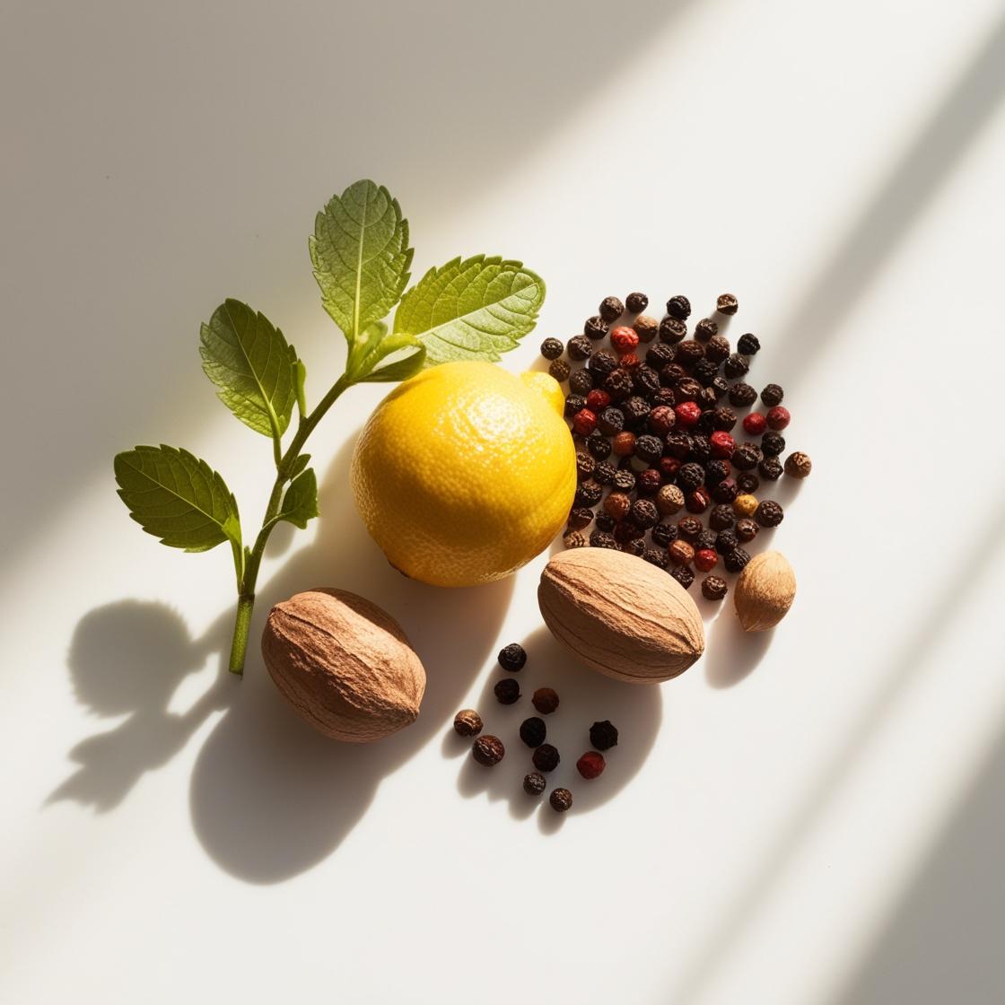 Nut and black pepper representing the olfactory notes of the perfume.