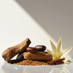 Wood, vanilla and tonka bean representing the olfactory notes of the perfume.