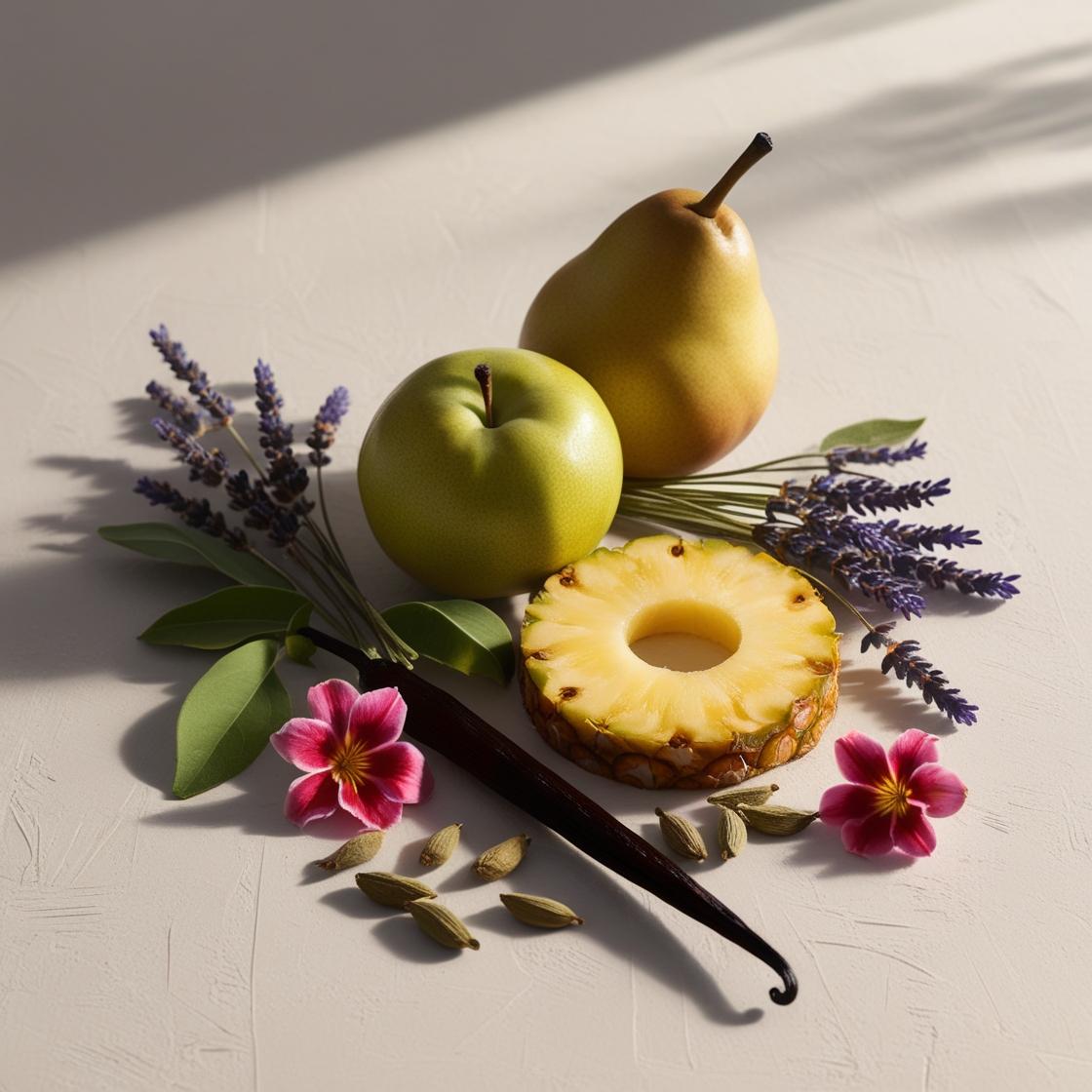 Pear, pineapple, lavender and vanilla representing the olfactory notes of the perfume.