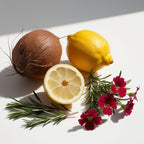 Lemon, coconut, geranium and rosemary representing the olfactory notes of the perfume.