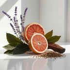 Grapefruit, lavender and wood representing the olfactory notes of the perfume.