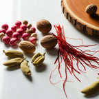 Saffron, wood and nut representing the olfactory notes of the perfume.