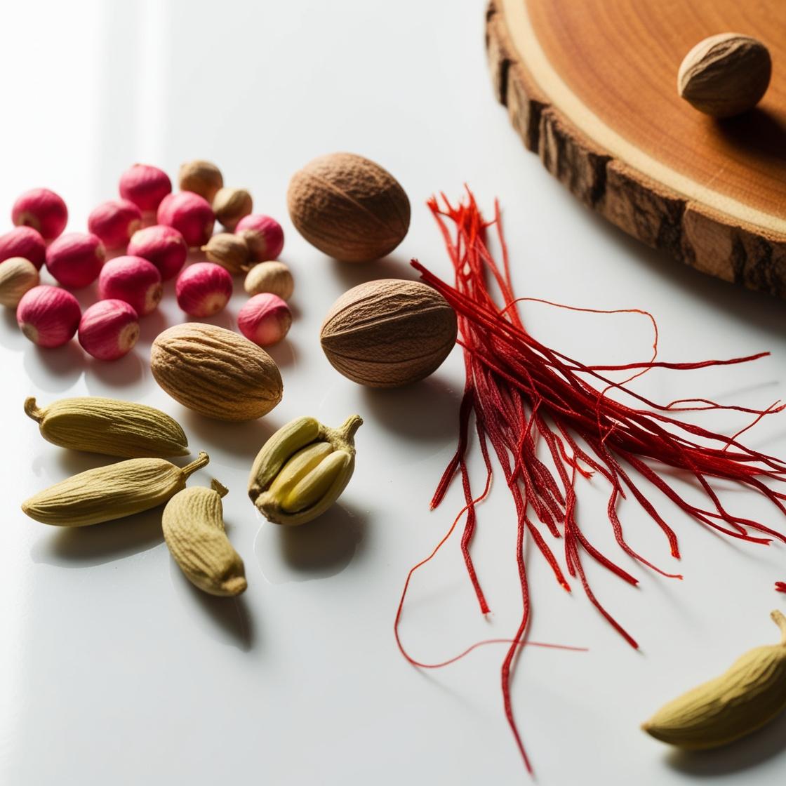 Saffron, wood and nut representing the olfactory notes of the perfume.