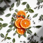 Orange and mint representing the olfactory notes of the perfume.