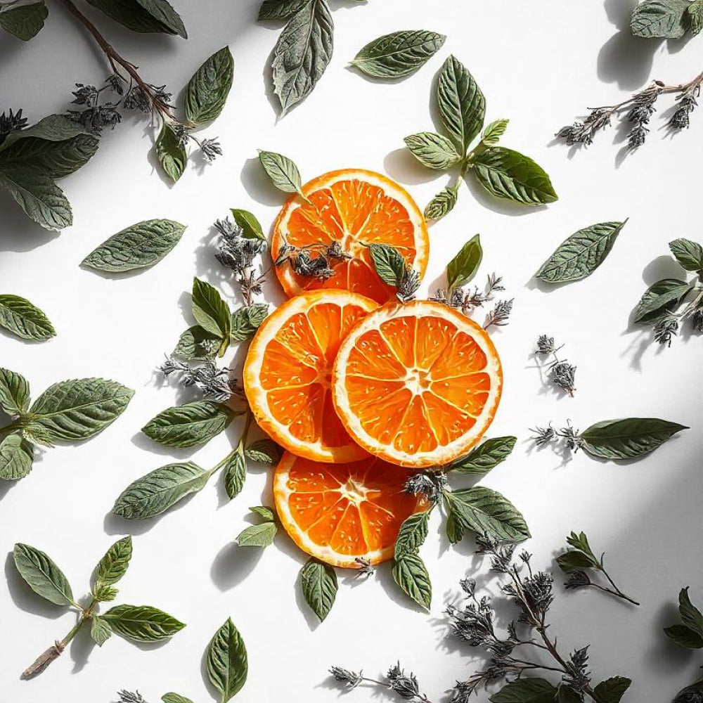 Orange and mint representing the olfactory notes of the perfume.