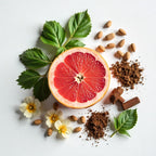 Grapefruit and basil representing the olfactory notes of the perfume.