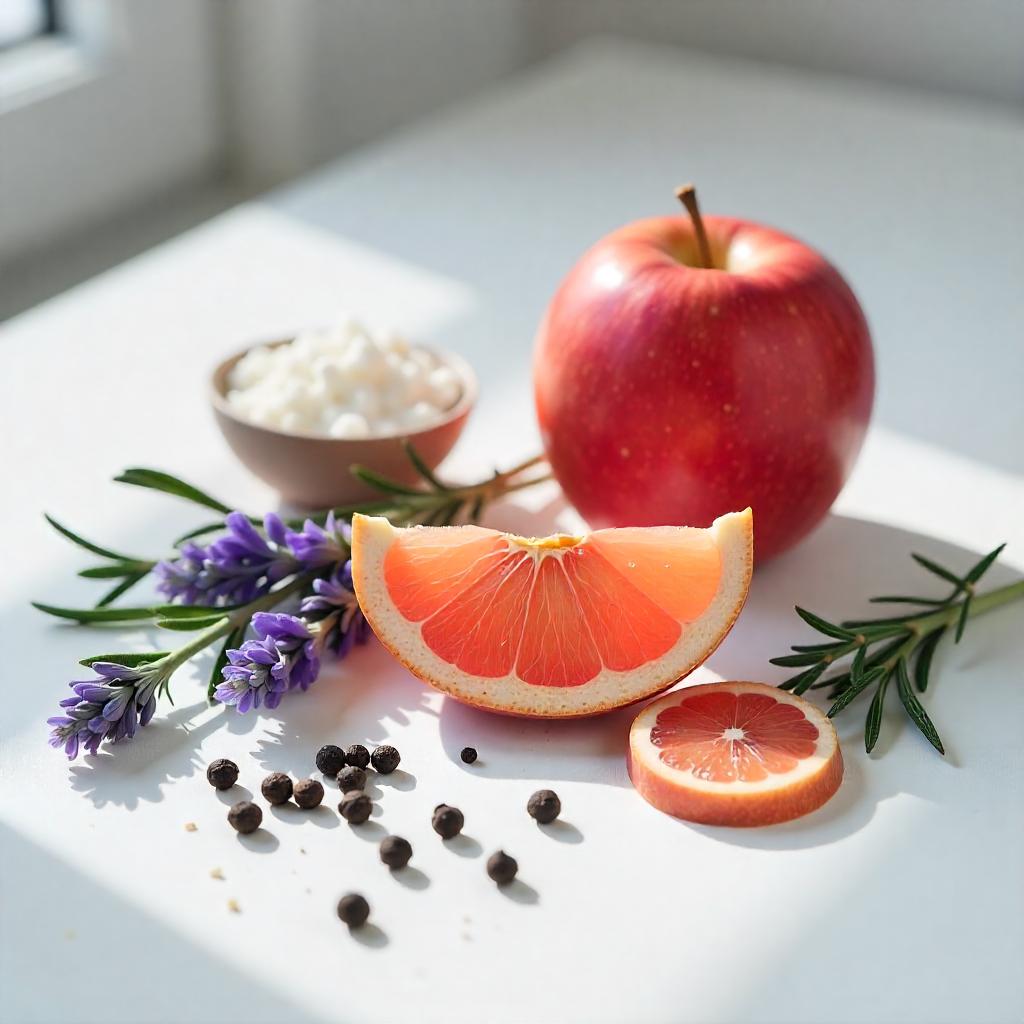 Apple, lavender and pepper representing the olfactory notes of the perfume.