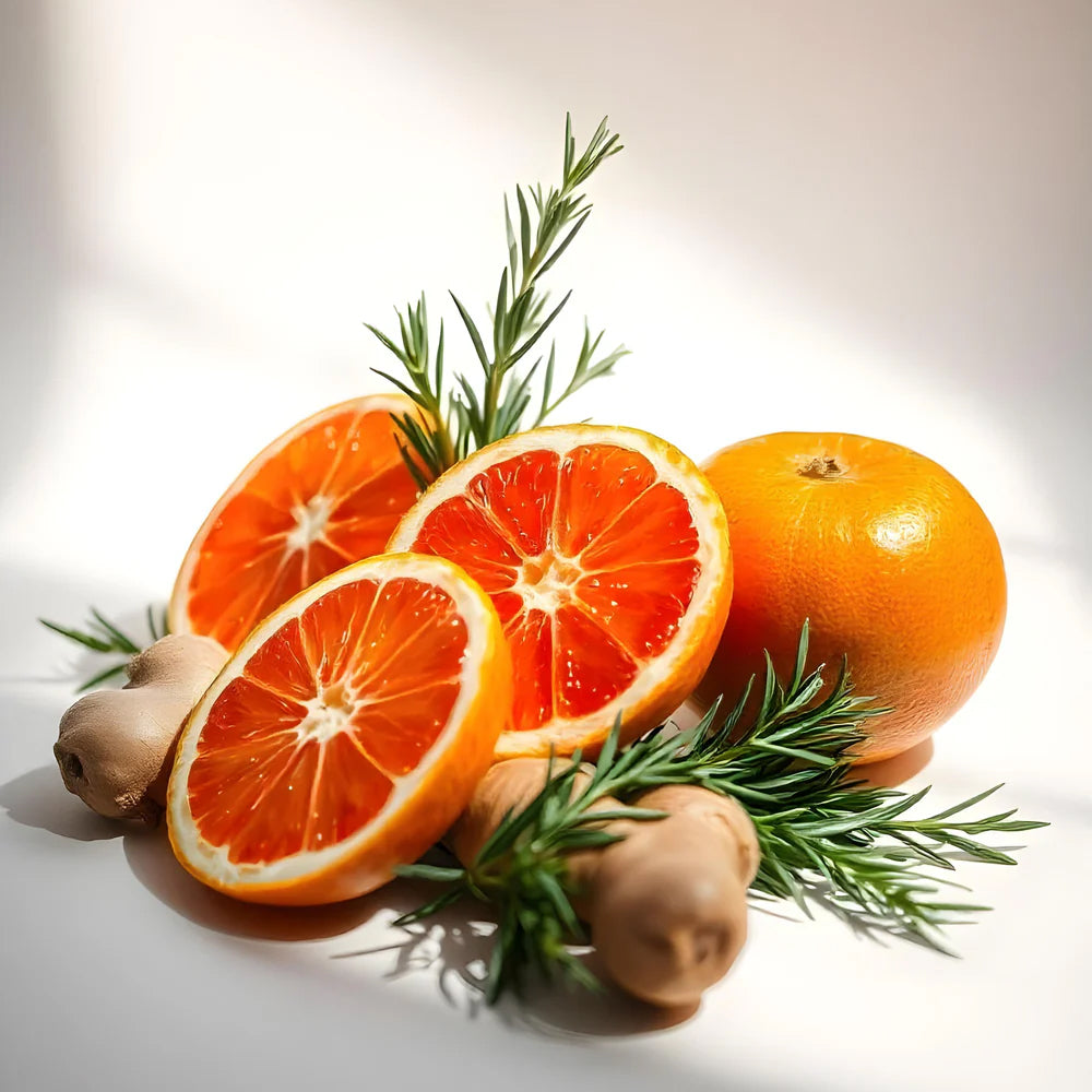 Grapefruit, ginger, and rosemary represent the olfactory notes of the perfume.