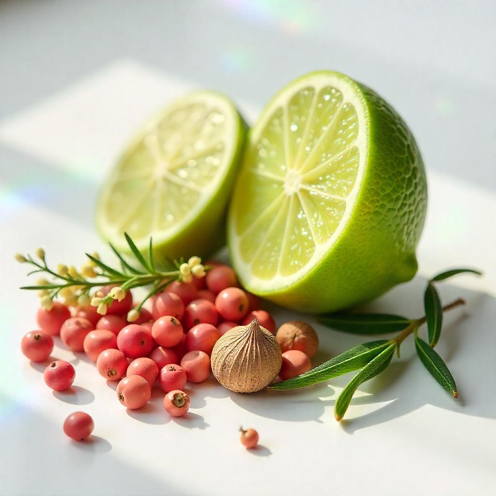 Lime and pink pepper representing the olfactory notes of the perfume.