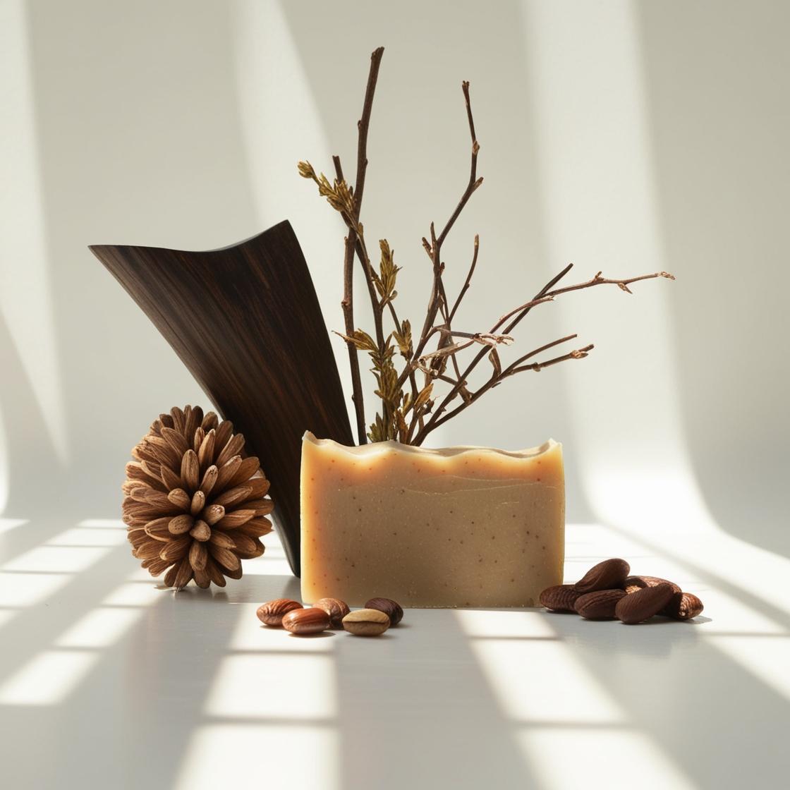 Soap, wood and tonka bean representing the olfactory notes of the perfume.