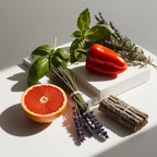 Grapefruit, basil, cedar and lavender representing the olfactory notes of the perfume.