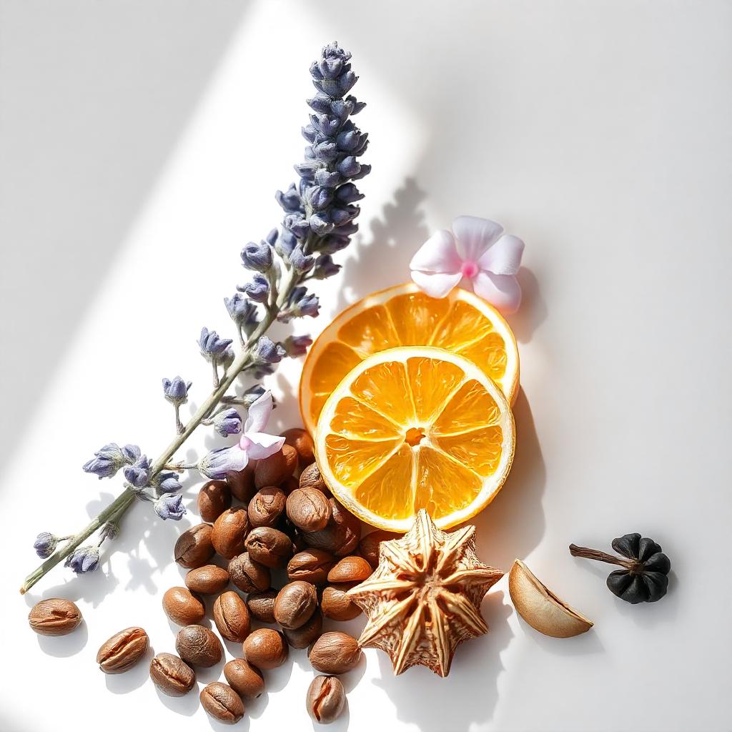 Mandarin, lavender and coffee beans representing the olfactory notes of the perfume.