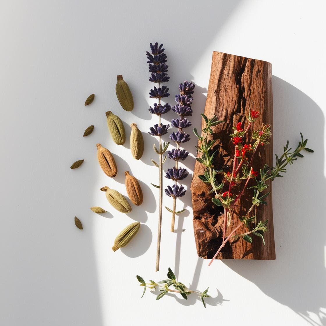 Red thyme, lavender and wood representing the olfactory notes of the perfume.