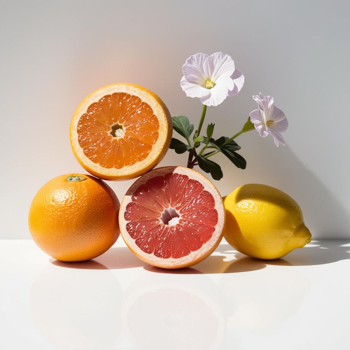 Grapefruit, geranium and lemon representing the olfactory notes of the perfume.