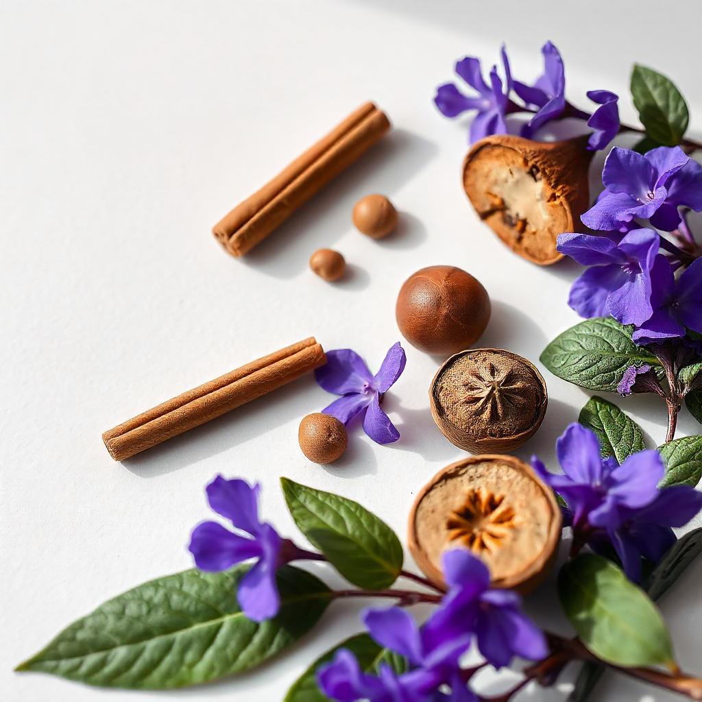 Lavender, nut and wood representing the olfactory notes of the perfume.