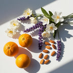 Lavender, jasmine and almond representing the olfactory notes of the perfume.
