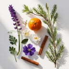 Mandarin, lavender, violet and cinnamon representing the olfactory notes of the perfume.