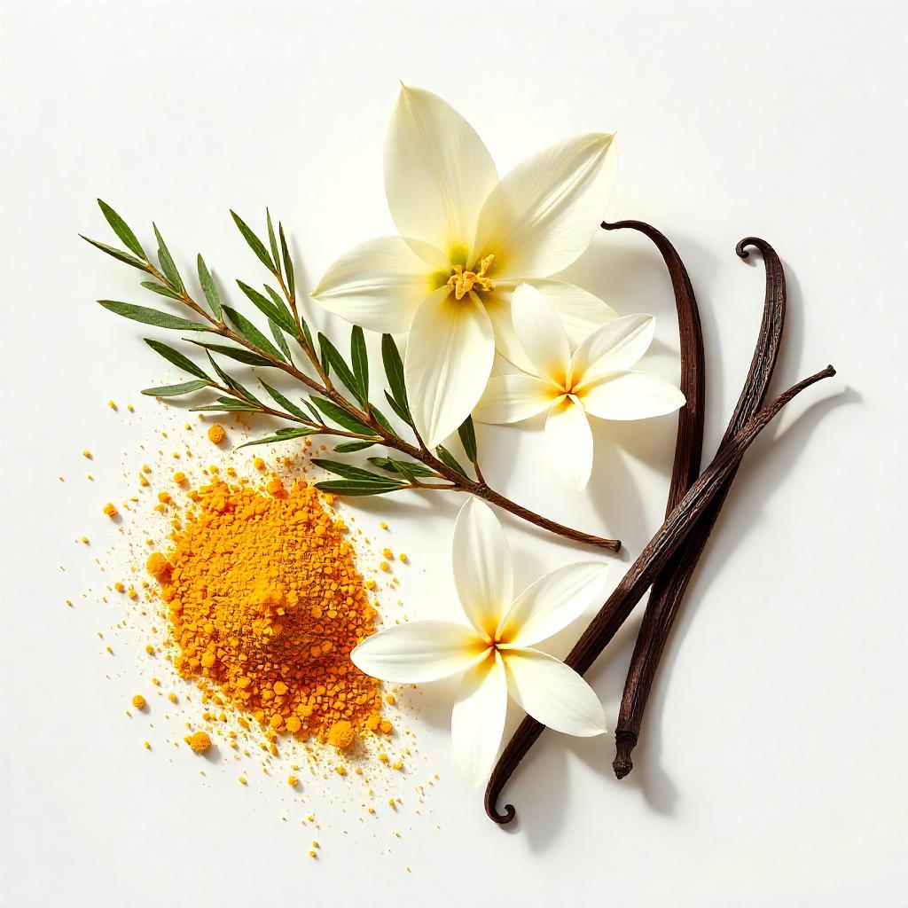 Lily and vanilla representing the olfactory notes of the perfume.