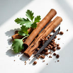 Cinnamon, vanilla and benzoin representing the olfactory notes of the perfume.