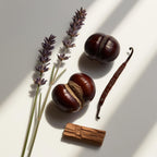 Lavender, chestnut and vanilla representing the olfactory notes of the perfume.