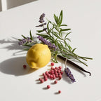 Lemon, lavender and pink pepper representing the olfactory notes of the perfume.