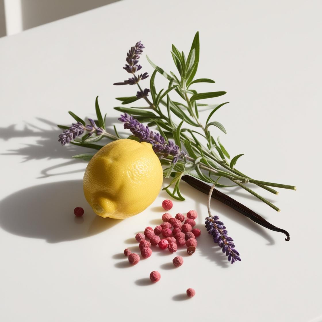 Lemon, lavender and pink pepper representing the olfactory notes of the perfume.