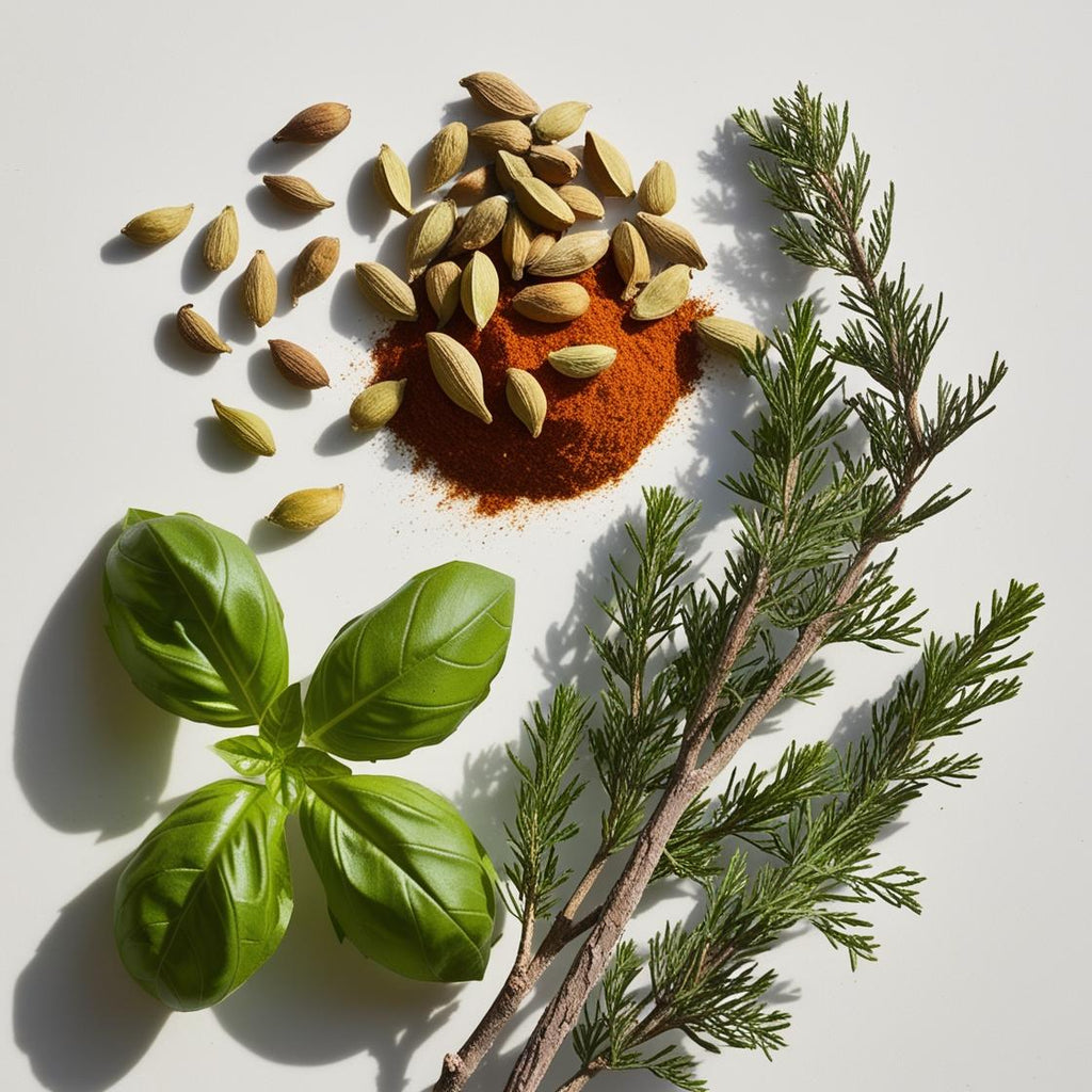 Bergamot, basil and cypress representing the olfactory notes of the perfume.