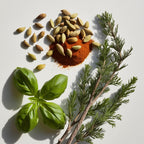 Bergamot, basil and cypress representing the olfactory notes of the perfume.