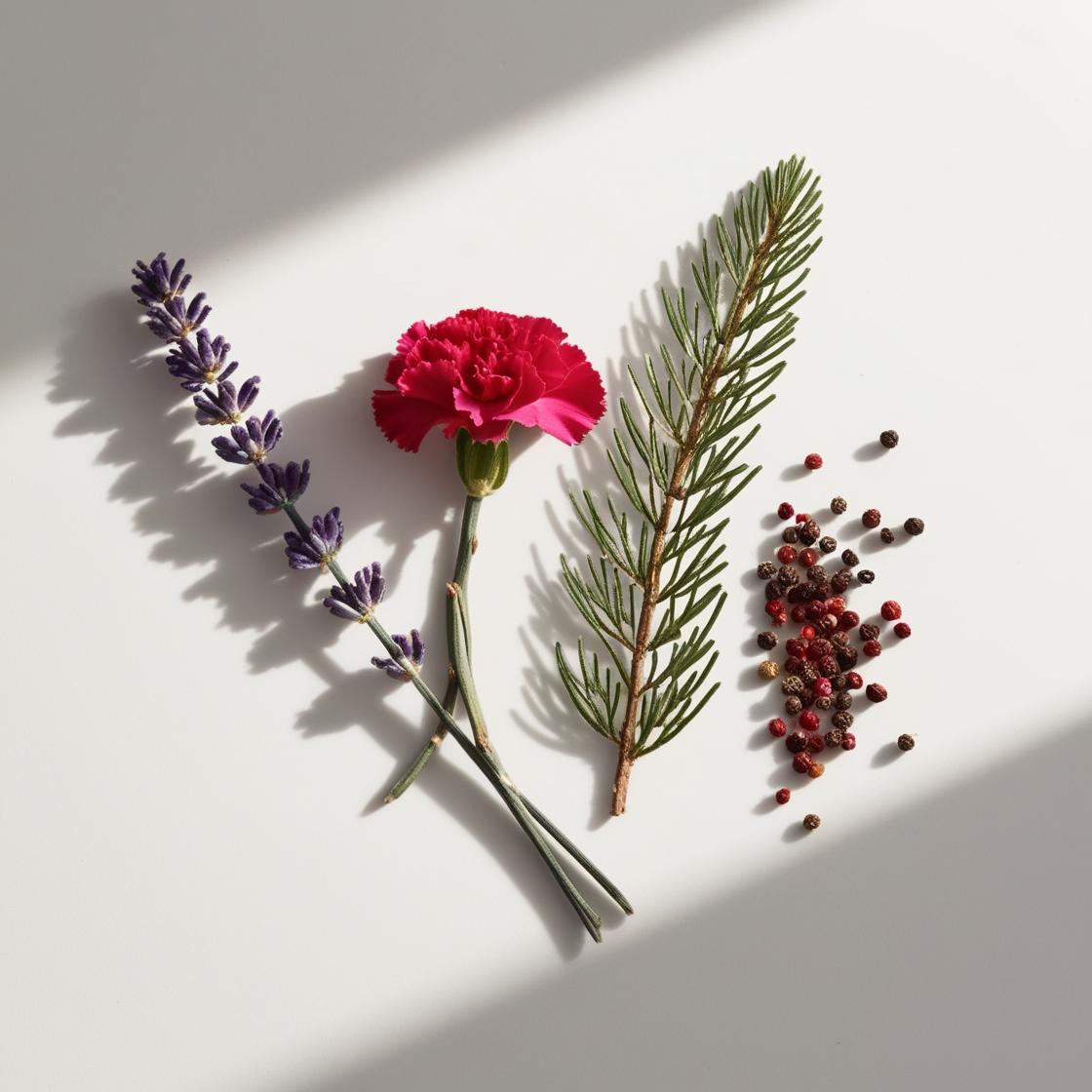 Lavender, pine, and pepper represent the olfactory notes of the perfume.