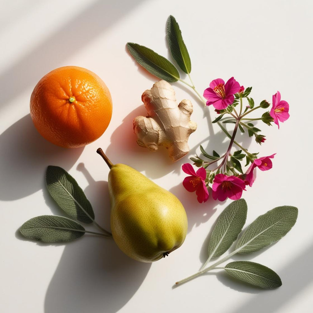 Perfume scent notes with orange, pear, fresh ginger, pink geranium flowers and sage leaves