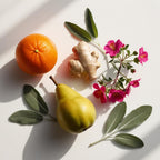 Perfume scent notes with orange, pear, fresh ginger, pink geranium flowers and sage leaves