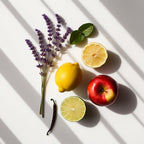 Lavender, lemon, lime and apple representing the olfactory notes of the perfume.