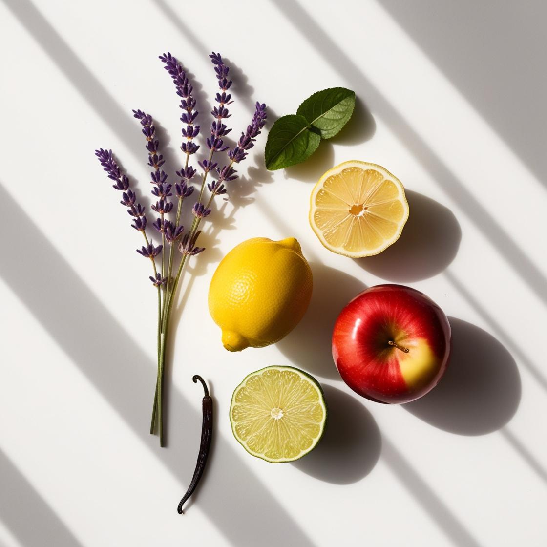 Lavender, lemon, lime and apple representing the olfactory notes of the perfume.