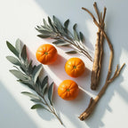 Mandarin and vetiver representing the olfactory notes of the perfume.